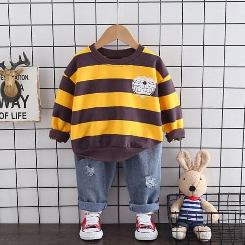 Toddler Boy Clothes Sets 2021 Autumn Spring New Baby Girl Striped Cartoon Tops+Denim Pants 2pcs Suits Children Fashion Clothing