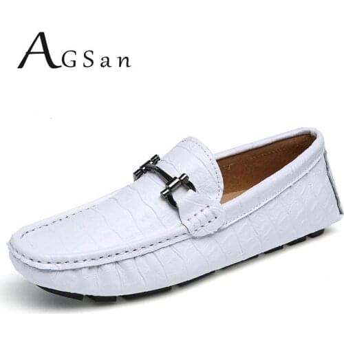 AGSan Genuine Leather Loafers Men Summer Moccasins Driving Shoes Breathable Mens Leather Loafers Flats Black White Flats for Men