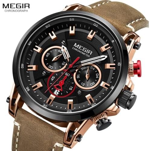 Megir Mens Chronograph Quartz Watches Leather Strap Clock Sportz Army Wristwatch for Man Relogios Masculino 2085 Rose Black
