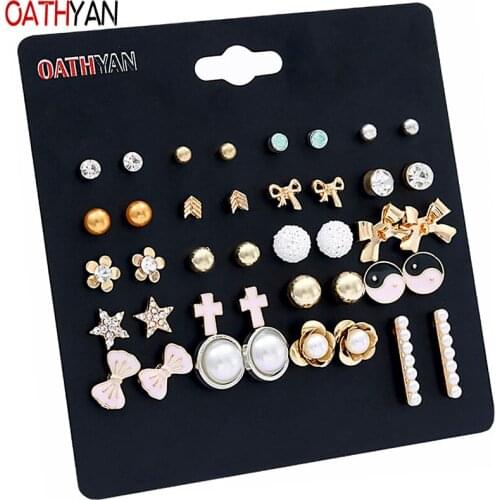 OATHYAN 20 Pairs/Set Trendy Gold Color Metal Flower Rhinestone Star Stud Earrings Set Mix For Women Enamel Cross Bowknot Earring