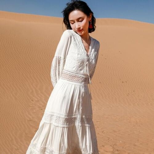 Jastie Spring Autumn Dress Women Cotton Patchwork Lace Embroidery Dresses V-Neck Long Sleeve Maxi Dress Boho Beach Long Vestido