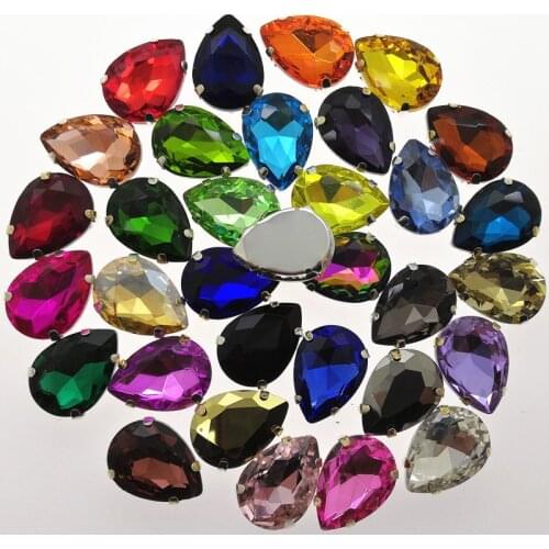 TopStone Teardrop Glass Crystal Sew On Fancy Stone with Metal Claw Setting 7x10,10x14,13x18,18x25,20x30 Droplet For Dress Making