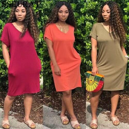 SSEURAT Solid Deep V-neck Casual Party Dress for Woman 2021 Fashion Summer Streetwear Loose Dress Sexy Short Sleeve Club Dresse