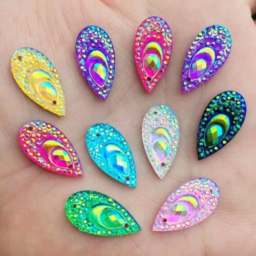 200pcs Peacock Eye Teardrop Sew On Resin Rhinestones With Two Holes Sewing On Flatback Crystals DIY Sew-on Stones B36*5