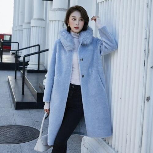 Woman Parkas Natural Fur Coat Autumn 3xl Blue Red Winter Fox Collar Hooded Long Lady Wool Jacket Keep Warm Sheep Cashmere Coat