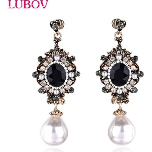 LUBOV Black Opal Stone Inlaid Antique Metal Dangle Earrings Imitation White Pearl Drop Earrings Women Jewelry Christmas Gift