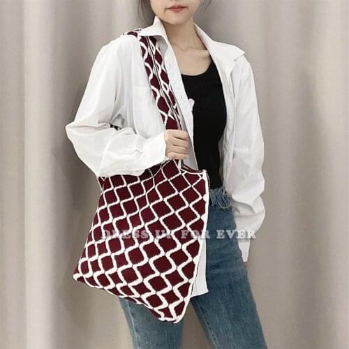 Female Diamond Lattice Woolen Knitted Shoulder Bags Vintage Chic Big Capacity Ladies Casual Tote Shopping Handbag