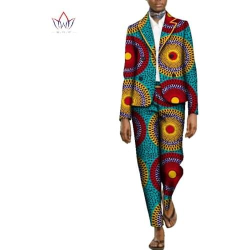 Office Women African Clothing Top Blazer and Pants Sets Bazin Riche Dashiki Cotton 2 Pieces Pant Sets African Clothing WY107