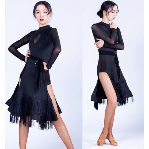 2020 New Female Latin Dance Dress Sexy Mesh Long Sleeve Split Tassel Dresses Women Ballroom Samba Dance Performance Wear DL5638