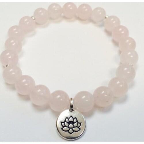 8mm Rose Quartz Gemstone Mala Bracelet Lotus Pendant Stretchy Sutra Spirituality Cuff Handmade Gemstone Monk Mala Lucky Stretchy