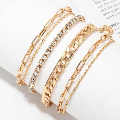 Simple Personality Gold Color Metal Foot Chain Anklets Set Women Fashion Thick Chain Punk Crystal Barefoot Anklet Bracelet