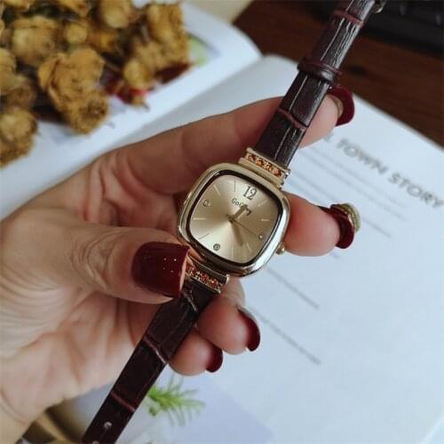 Luxury Women Fashion Watches Diamond Elegant Ladies Wristwatches Retro Square Female Quartz Clock With Vintage Brown Leather