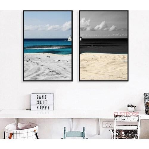 Black And White Beach Seascape Canvas Painting Blue Sea Scenery Art Wall Pictures Modern Nordic Home Decoration Poster No Frame