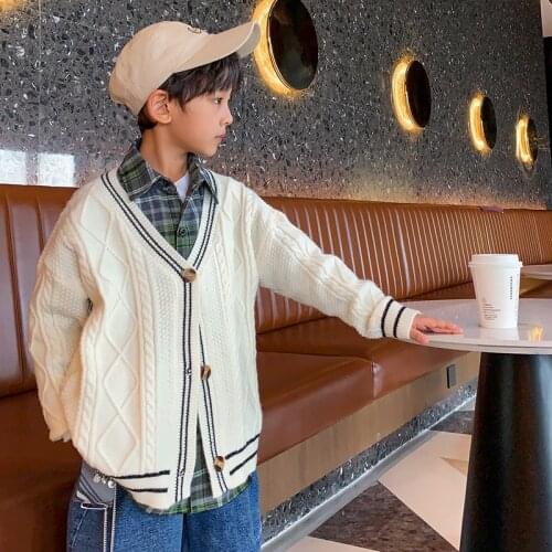 New Kids Boys Cardigans Sweater V-neck Solid Color Knitted Cardigan Coat Fashion Children Outerwear Knit Jackets 8 To 12 Years