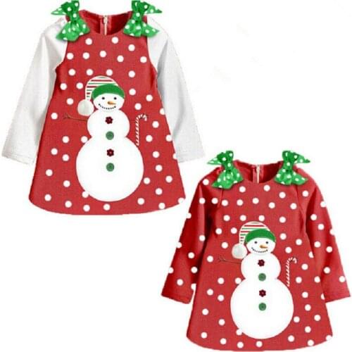 Red Polka Dot Baby Girls Dress Fleece Winter Christmas Girls Blouse Children Xmas Clothes Bowties Snowman Kid Dresses Outfits