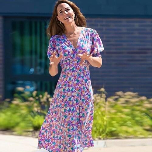 Kate Middleton High Quality 2020 Summer New WomenS Party Outing Elegant Chic Gentlewoman Floral Casual Midi Dress