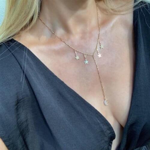 HuaTang Boho Crystal Moon Star Pendant Necklace for Women Gold Long Tassel Chains Female Party Collares 2020 Jewelry on the Neck