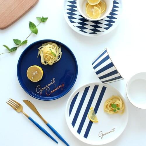Nordic Style Blue Gold Ceramic Baking Baking Tray Dessert Stand Western Plate Creative Sand Home Pull Bowl Household Tablewares