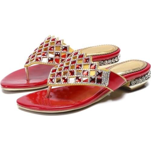 Summer Thick Low Heel Slippers Women New Luxury Rhinestone Slippers 3.5cm Heel Flip-flops Large Size Slippers Casual Slippers