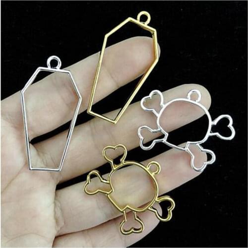 5pcs Halloween Silver Skull Open Bezels UV Resin Jewelry Fillings Golden Coffins Metal Frame DIY Pendant Accessory Craft Tools