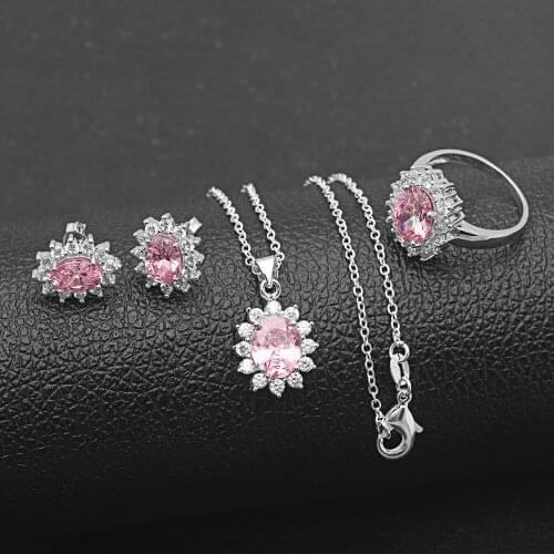 UFOORO Elegant Jewelry Sets Round Clear Pink Zircon Engagement Ring Earring Necklace Romantic Silver Jewelry for Women Gift