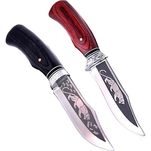 440C Stainless Steel Fixed Blade Wood Handle EDC Sharpen Hunting Knife Outdoor Survival Knife Tiger Leopard Pattern