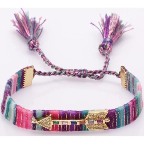 Rainbow mix cz pave gold arrow blessing charm beads bohemia boho cotton silk wristband adjustable bracelet for woman girl gift