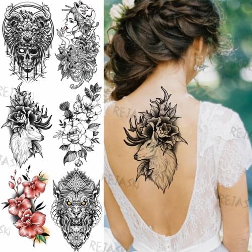 Realistic Deer Flower Temporary Tattoos For Women Men Lion Skull Tiger Fairy Fake Tattoo Sticker Sexy Waterproof Tatoos Paper