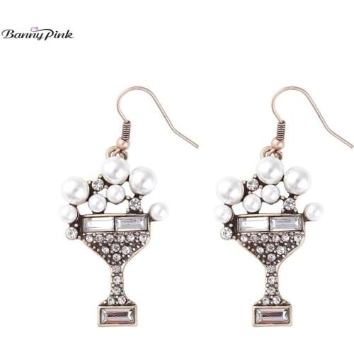 Banny Pink Cheerful Rhinestone Glassbowl Dangle Earrings For Women Vintage White Pearl Statement Drop Earrings Branch Earrings