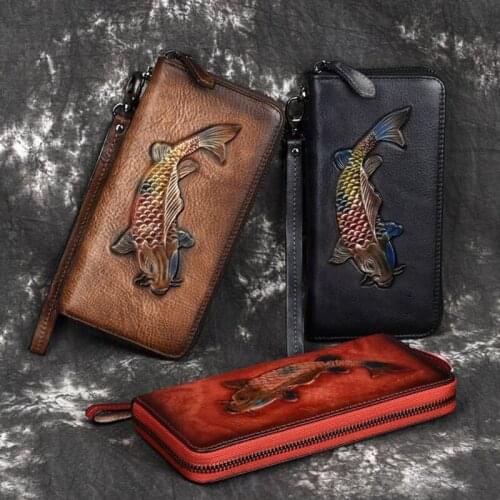Clutch Bag for Women Wallets Vintage Cowhide Embossed Fish pattern Money Bag Holder Handy Clutch Coin Purse Phone Pocket
