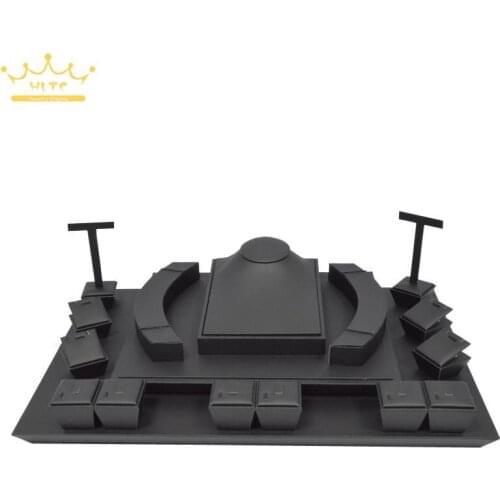 China Style Jewelry Display Showcase Black PU Leather Ring Earring Stand Necklace Holder Jewelry Organizer Cases