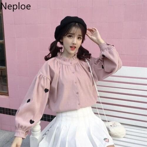 Neploe Love Heart Embroidery Blouse Women Korean Fungus Half Turtleneck Lantern Sleeve Shirts BFsingle Breasted Female Top 49907
