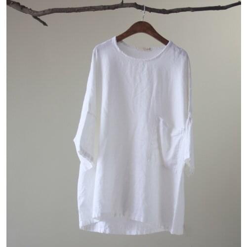 Women Linen Retro loose Shirts Ladies large size Summer Solid Color Round neck Tops T-shirt Tees