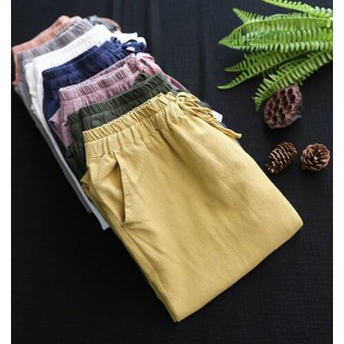 Spring Summer Lace Up Trousers Women Casual Loose Cotton and Linen Harem Pants Women Pantalon Femme Pink Pants Sweatpants RE2247