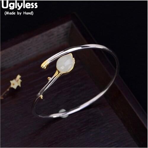 Uglyless 100% Real Solid 925 Sterling Silver Handmade Floral Open Bangles for Women Natural Jade Tulip Thin Bangle Fine Jewelry