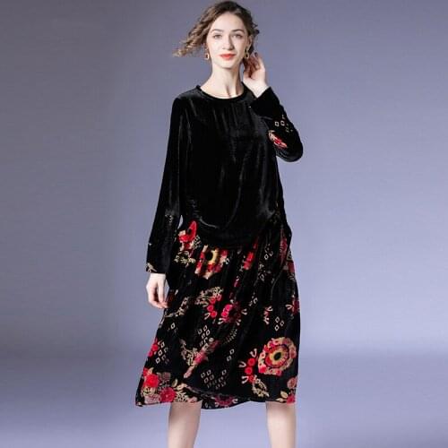 Velvet stitching printed drawstring dress womens autumn 2021 new fashion loose and thin mid-length skirt
