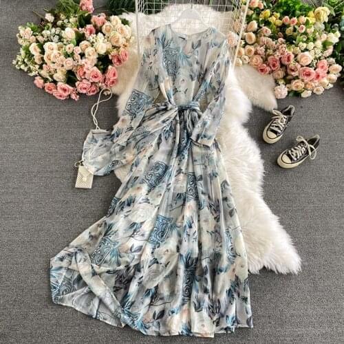 Summer new womens Chiffon round neck dress fashion temperament printing swing long dress womens wear