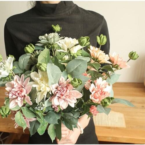 1PC Artificial Flower Silk 3 Heads Dahlias Daisy Chrysanthemum Flower and Leaf Wedding Party Home Decoration