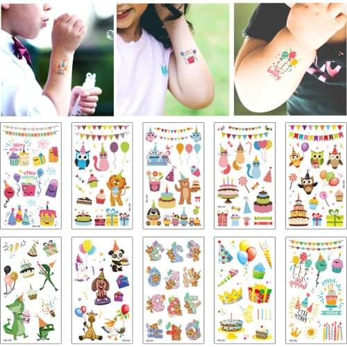 Kids 10PCS Birthday Party Tattoos Stickers Colorful Cartoon Temporary Waterproof Removable Fake Tattoos Sticker Body Decals Toy