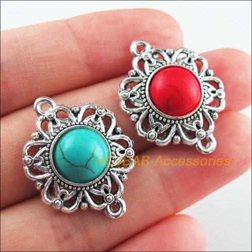 8Pcs Retro Tibetan Silver Tone Flower Round Blue&Red Stone Charms Connectors 21.5x28mm