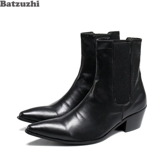 Batzuzhi 7cm High Heels Boots Men Pointed Toe Genuine Leather Ankle Boots Men Black Knight Boots Men Handsome Botas Hombre Party