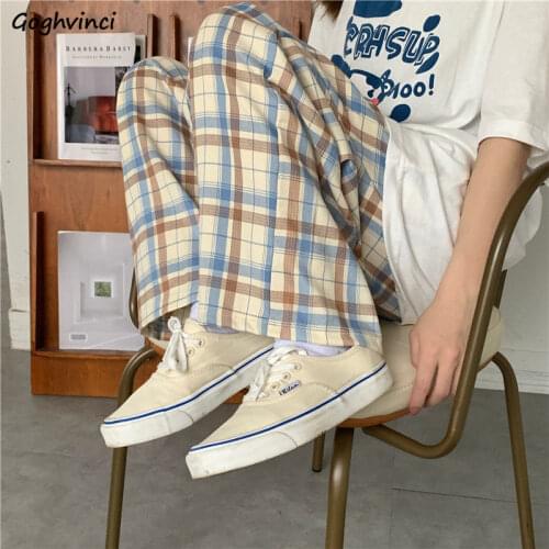 Summer New Harajuku Plaid Pants for Women Straight Soft Loose Korean Style Casual Trousers Comfortable Streetwear Plus Size Chic