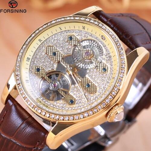 2021New FORSINING Brand Fashion Leather Gold Watch Men Automatic Mechanical Skeleton Waterproof Watches Relogio Masculino Box