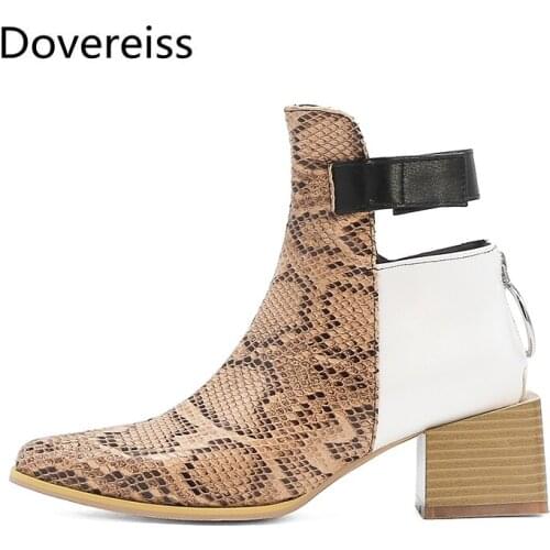 Dovereiss Fashion Womens Shoes Winter sexy Elegant Snakeskin Pointed toe white Zipper Block heels ankle boots Concise 34-48