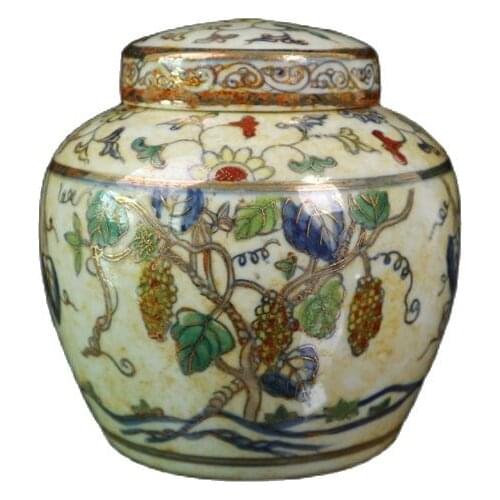 Chinese old porcelain Chenghua Gold Paintedmulti-child And Multi-fu Pattern Lar Storage lid jar