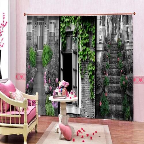 Beautiful Photo Fashion Customized 3D Curtains Green leaf of house escalator on gray background Decoration curtains