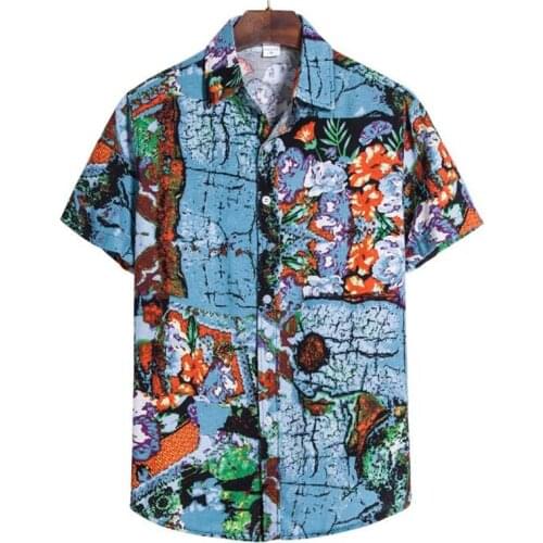 Mens Ethnic Short Sleeve Casual Cotton Linen Printing Hawaiian Shirt Blouse Couple loose Fit Hawaii Vintage African Print