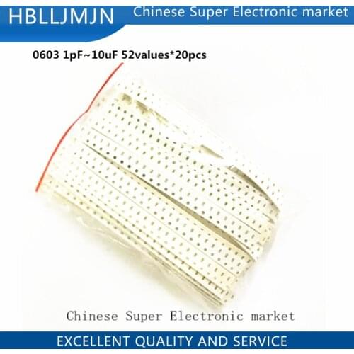 SMD 0603 Ceramic Capacitor kit 1pF~10uF 52values*20pcs=1040pcs Chip Ceramic Capacitor Samples kit