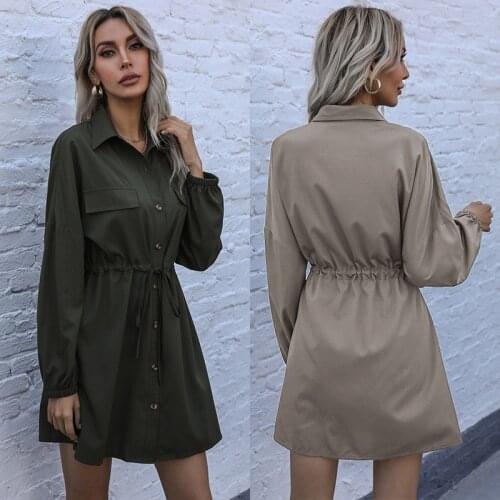 Boho Button Lace Up Summer Autumn Light Dress Woman 2021 Long Sleeve Pure Lapel A Line Skirt MidWaist Beach Midi Sundress Loose