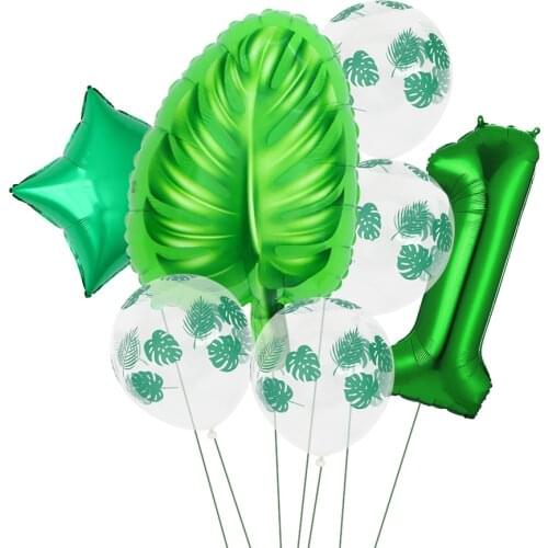 7pcs Tropical Palm Leaves Number Foil Balloons Summer Hawaiian Birthday Party Decorations Green Balloons Baby Shower Balloons